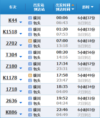 银川到包头火车