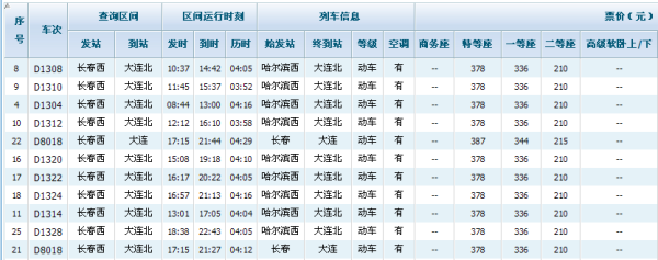大连到长春火车