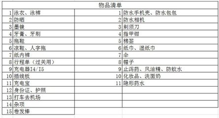旅游用品清单