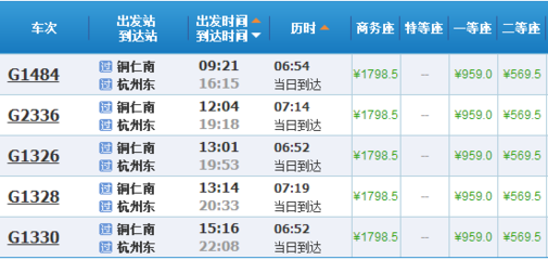 铜仁到杭州高铁